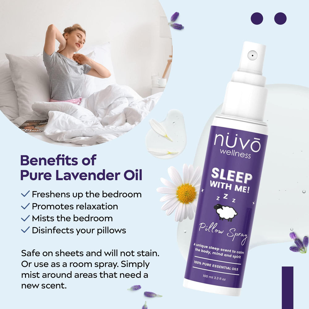 NUVO WELLNESS ESSENTIALS pillow spray on linen, suggesting a calm, cozy night