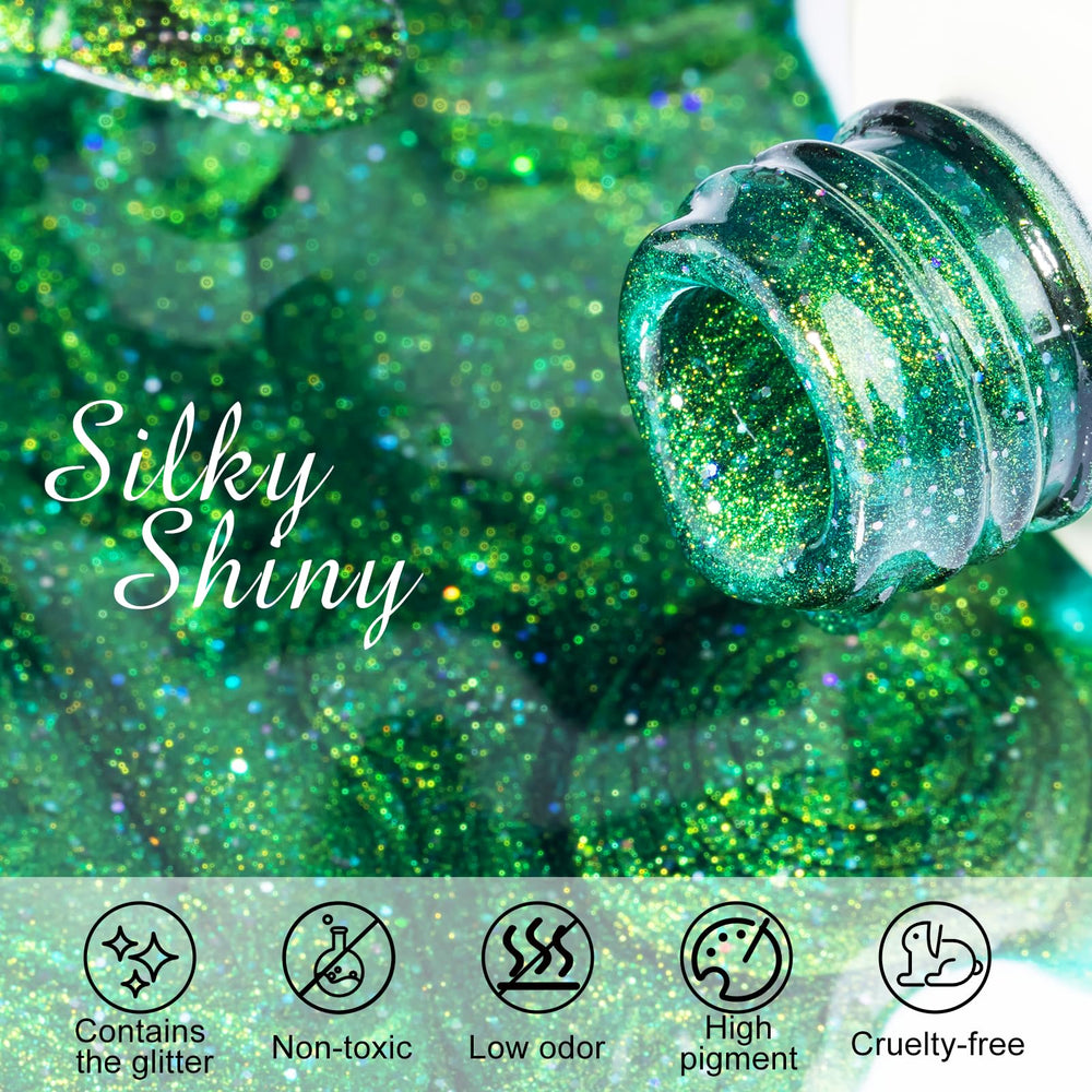 NXJ INFILILA Galaxy Glow cat-eye polish swatch highlighting olive-green glitter and depth.