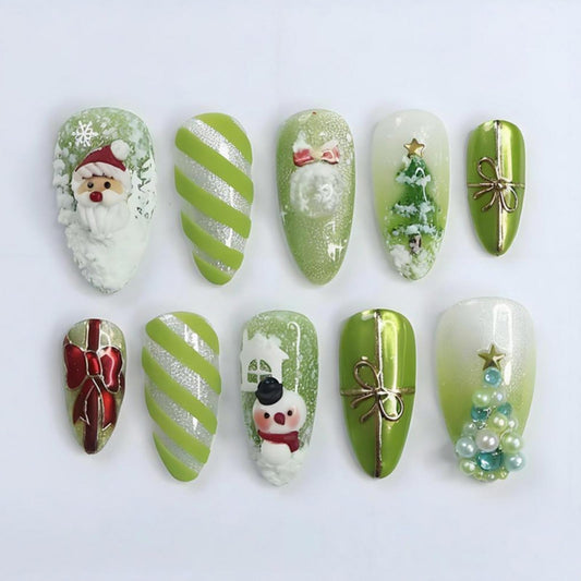 Nxtpz Christmas press-on nails in green Santa stripe for quick at-home manicure