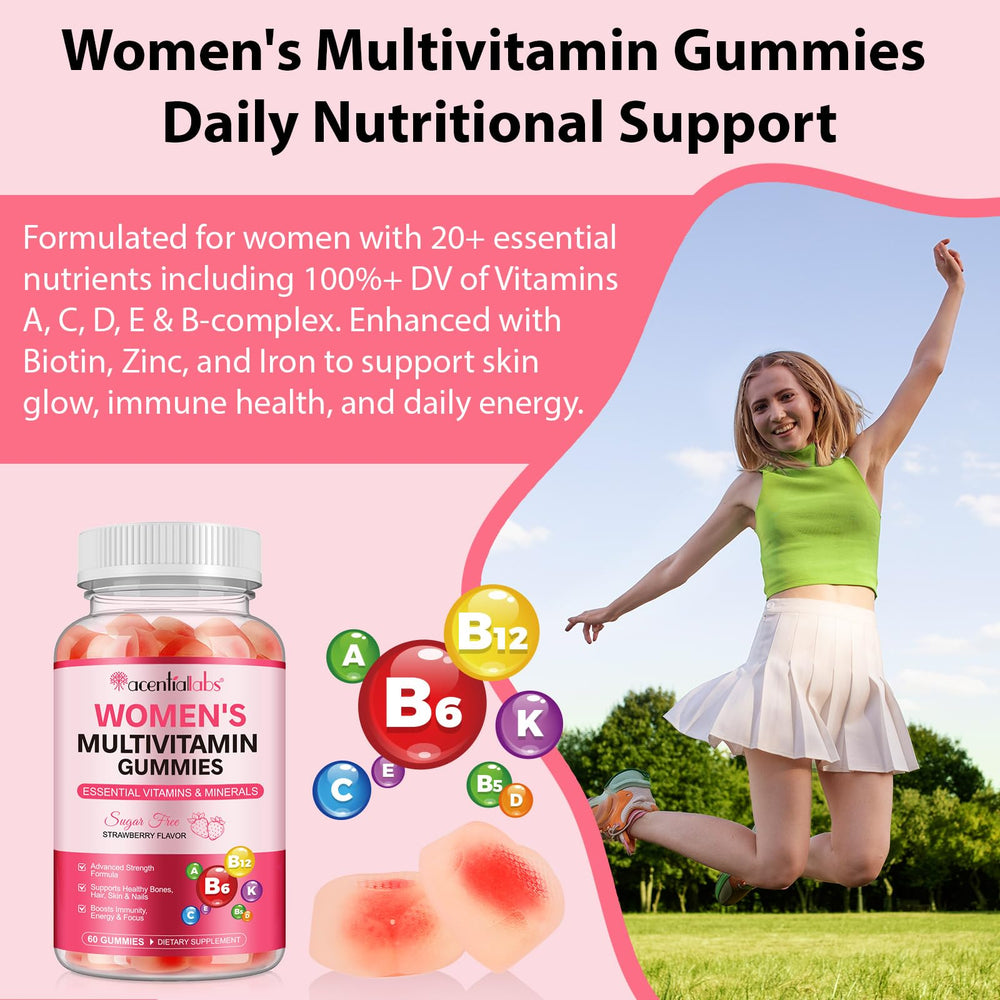 Product marketing image showing gummies and health benefits