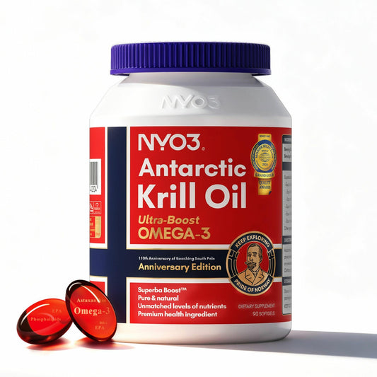 NYO3 Krill Oil 1000mg bottle with 90 softgels on white background