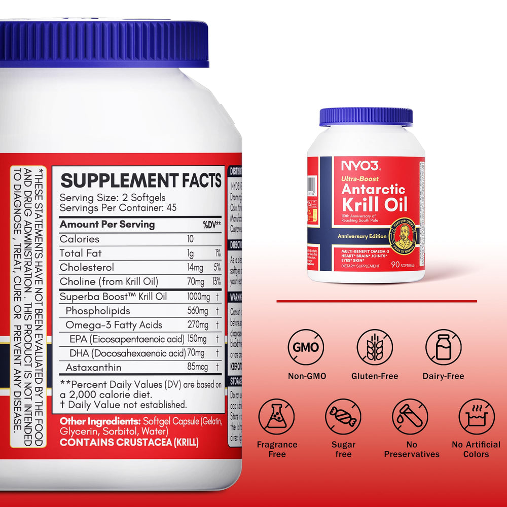 Close-up of NYO3 Krill Oil 1000mg softgel capsules