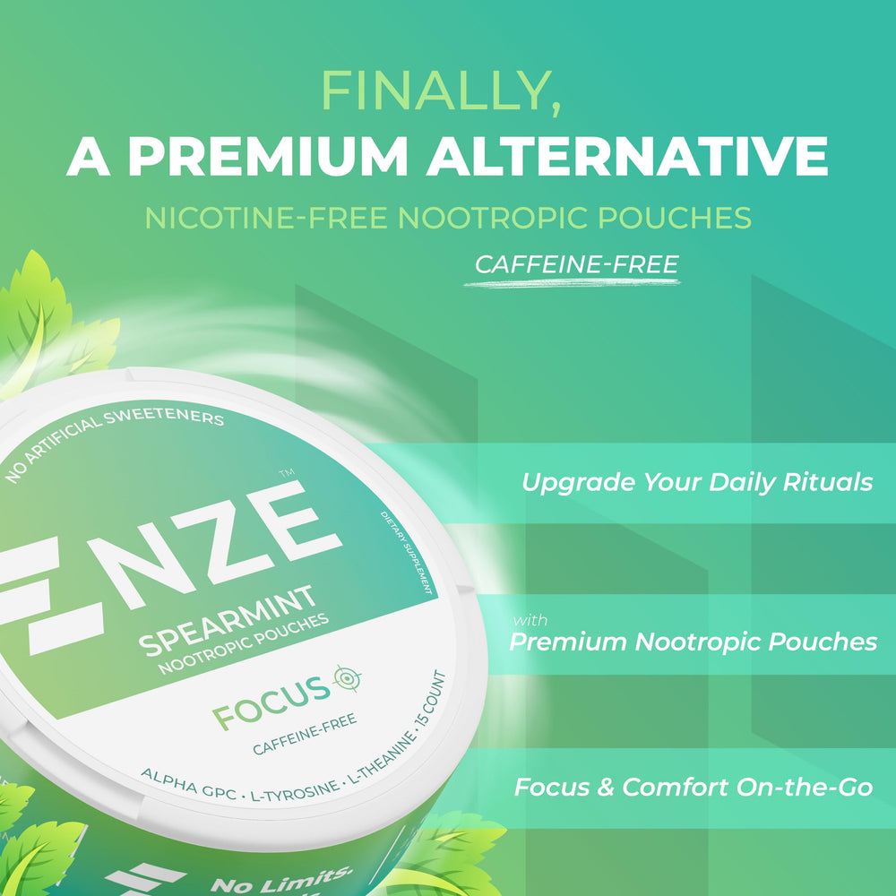 NZE spearmint pouch on palm highlights easy on-the-go cognitive support.