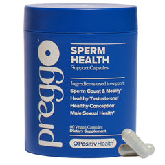 O Positiv Prego bottle front promoting daily male reproductive health support.