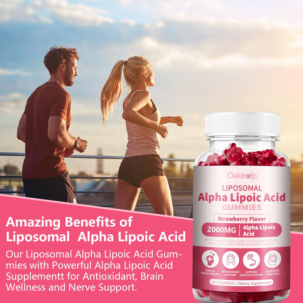 Oakevlp gummy bottle label highlighting Biotin and Benfotiamine benefits
