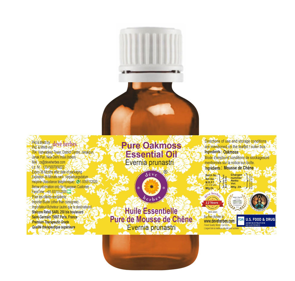 Close-up of Evernia prunastri oakmoss essential oil bottle