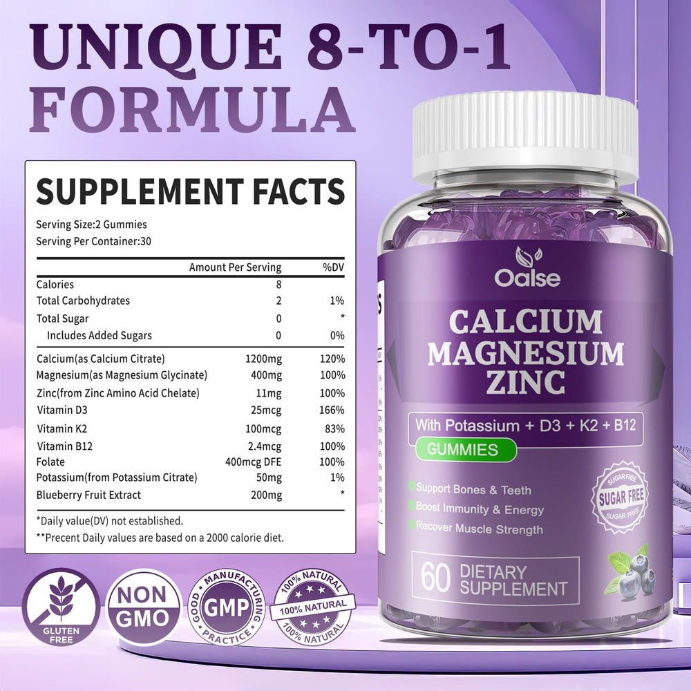 Nutrition facts label for OALSE Calcium Magnesium Zinc Gummies