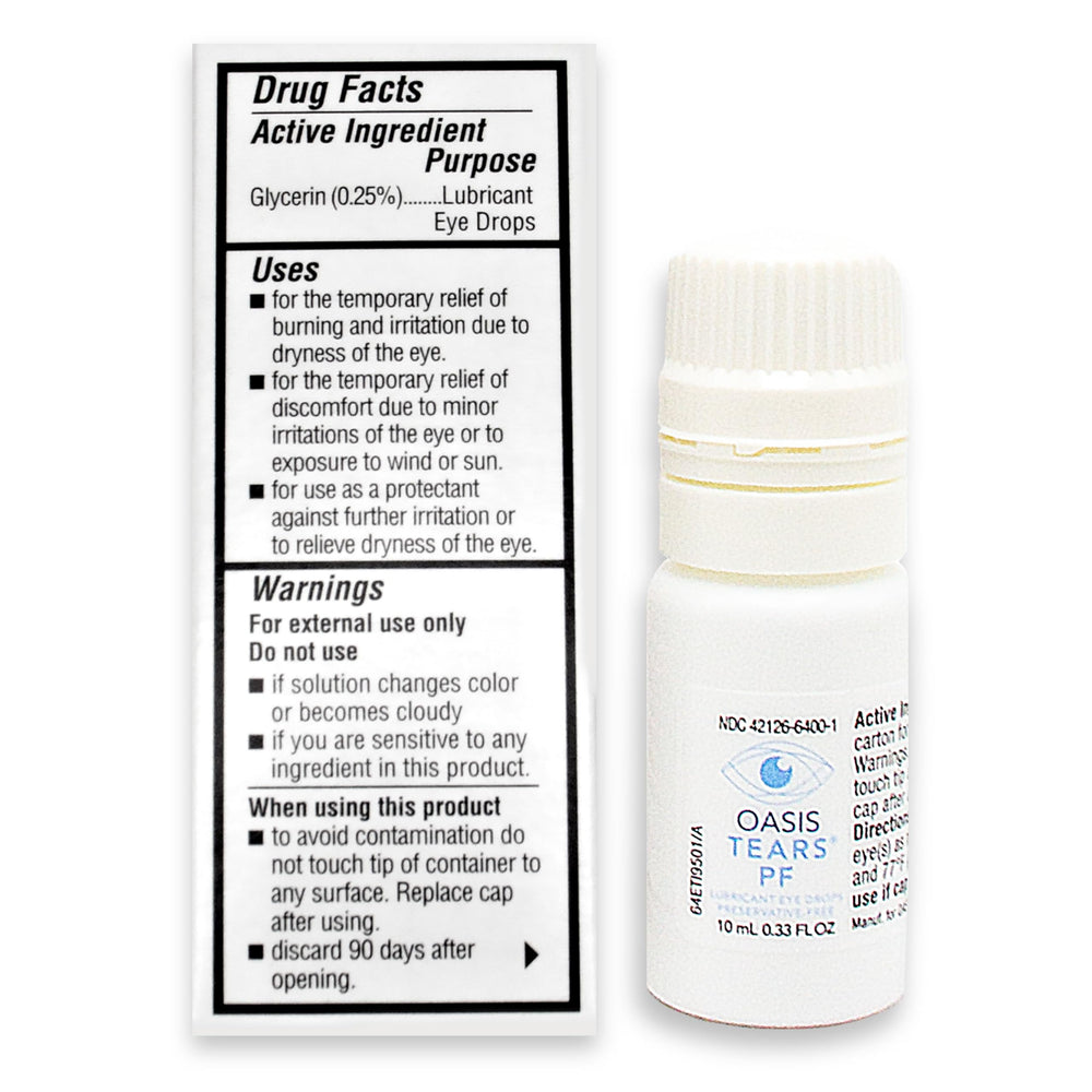 Oasis Tears OT6400 packaging box shows preservative-free formula and easy storage.