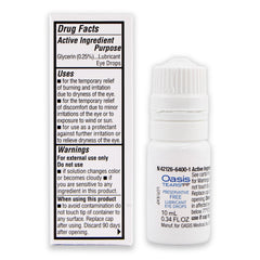 Oasis Tears OT6400 packaging box shows preservative-free formula and easy storage.