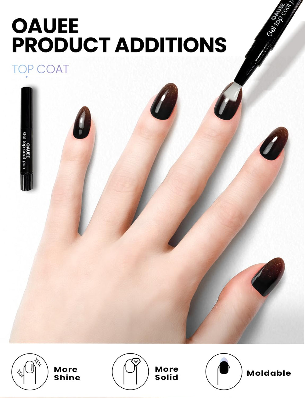 Oauee built-in gel top coat close-up for glossy results under UV light.