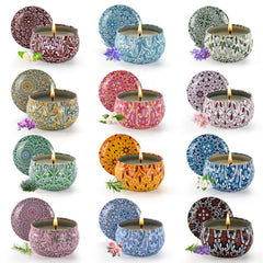 Front view of Obisesio 12-pack scented candles in tins
