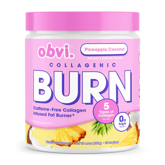 Front label of Obvi Collagenic Burn Powder pineapple coconut flavor