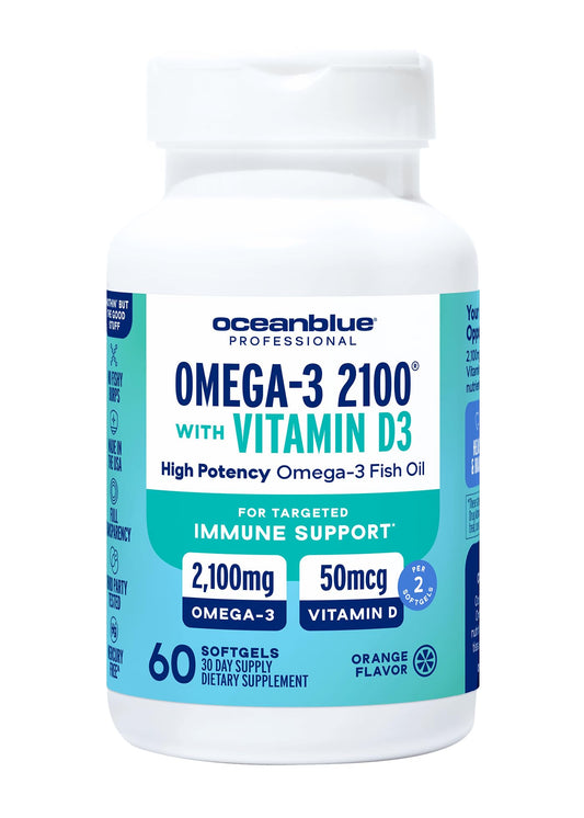 Oceanblue Omega-3 2100 with Vitamin D3 bottle – orange flavor – front view