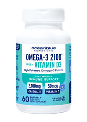 Oceanblue Omega-3 2100 with Vitamin D3 bottle – orange flavor – front view