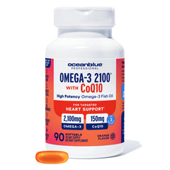 Oceanblue Omega-3 2100 with CoQ10 bottle highlighting triple-strength formula for daily heart support