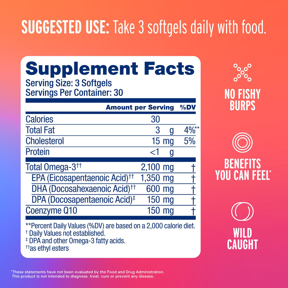 Oceanblue Omega-3 2100 orange-flavor bottle emphasizing tasty, burp-free fish oil experience
