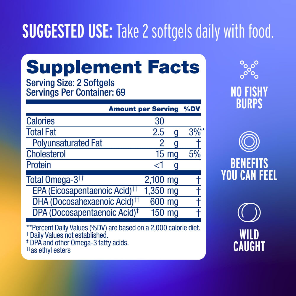 Close-up of Oceanblue Omega-3 2100mg softgels.
