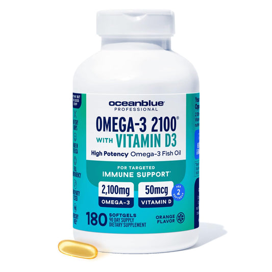 OceanBlue Omega-3 2100mg with Vitamin D3 orange burpless softgels – front view