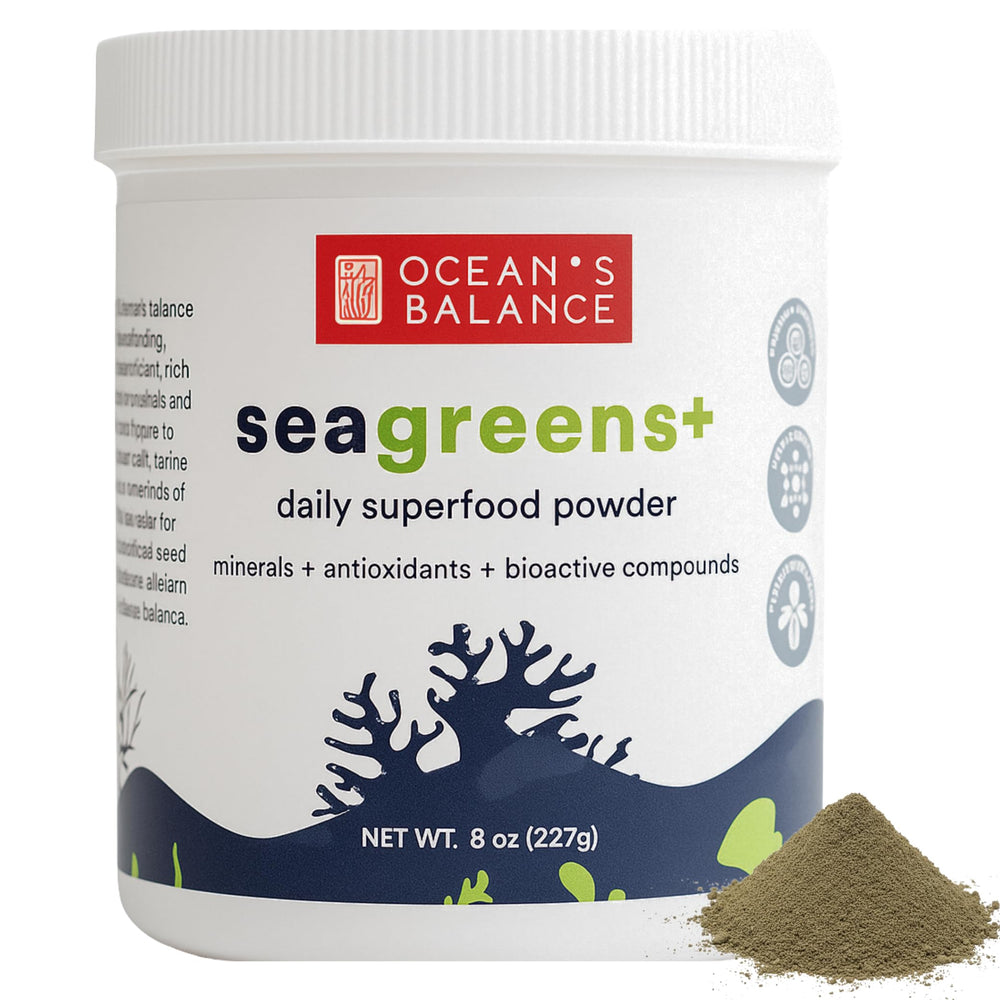 Ocean's Balance Seagreens+ 8oz powder front label