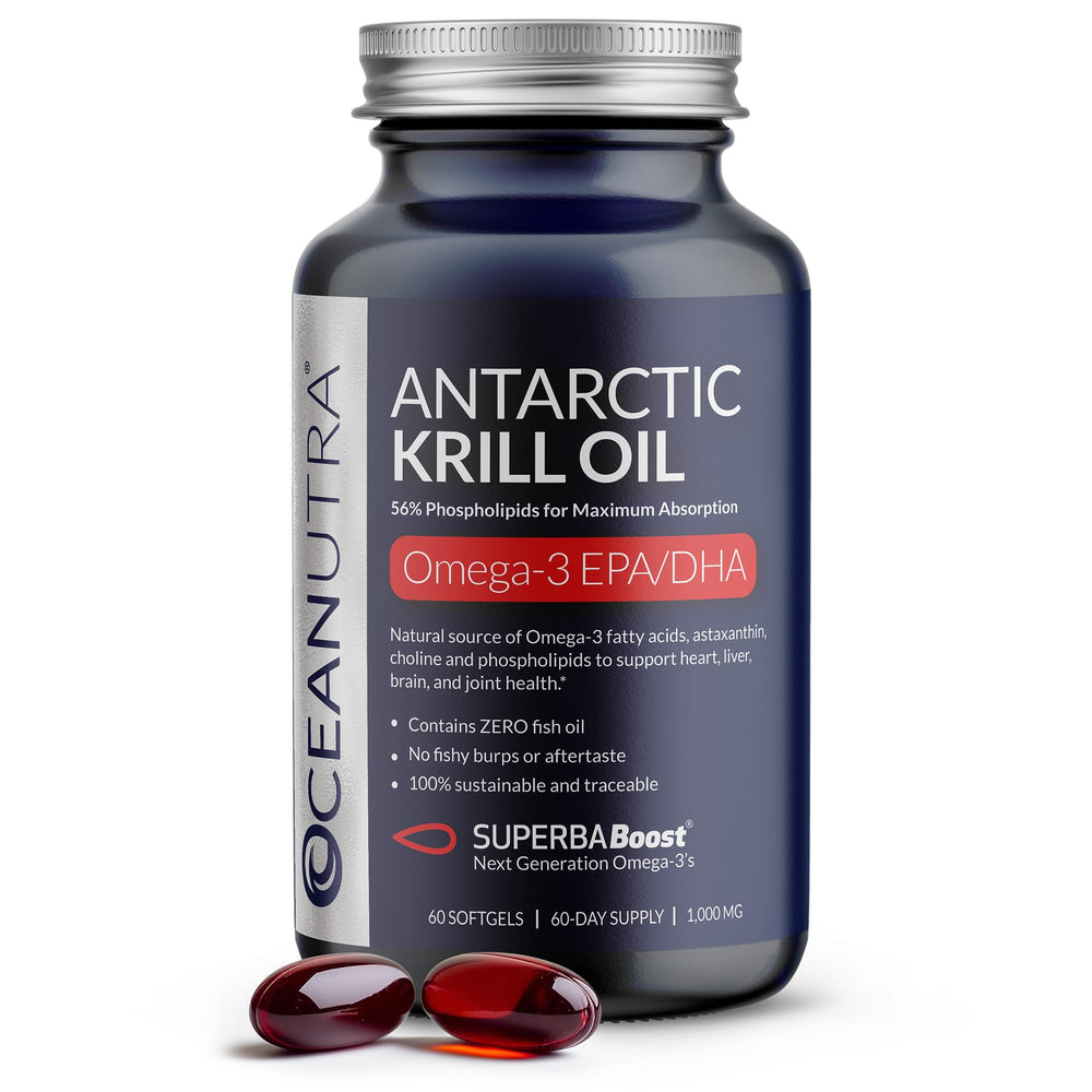 Oceanutra krill oil capsule close-up with bottle cap, easy daily omega-3