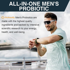 Ocshesally Probiotics for Men in-use shot illustrating a two-capsule daily routine.