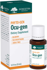 Genestra Ocu-gen bottle and packaging featuring Bilberry, Sea Buckthorn and Judas Tree, 0.5 fl oz