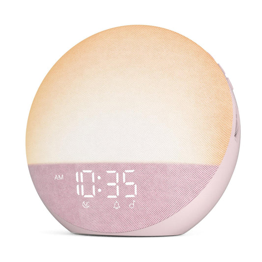 Odokee Sunrise Alarm Clock front view showcasing white noise option for a calm morning.