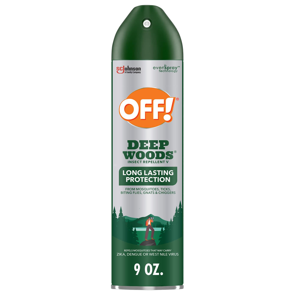 OFF! Deep Woods aerosol bottle for long-lasting outdoor protection during camping.