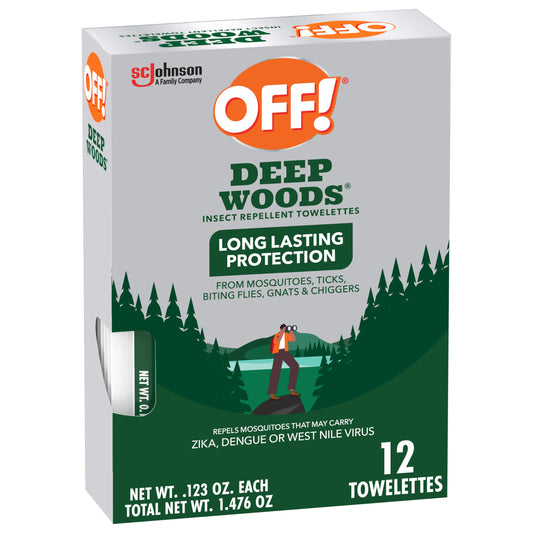 OFF! Deep Woods Wipes box shows 12 towelettes for outdoor protection.