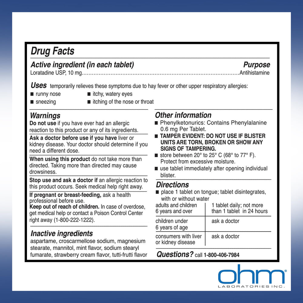 Ohm Allergy Pills box-front closeup emphasizes brand trust and large 100-count supply.