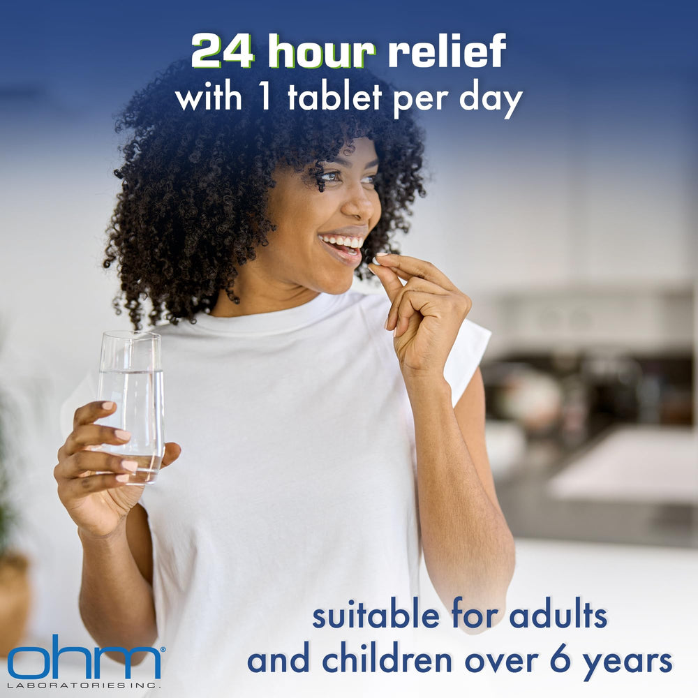 Ohm Allergy Pills packaging inside demonstrates bottle and tablets for seasonal use.