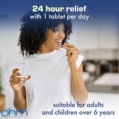 Ohm Allergy Pills packaging inside demonstrates bottle and tablets for seasonal use.