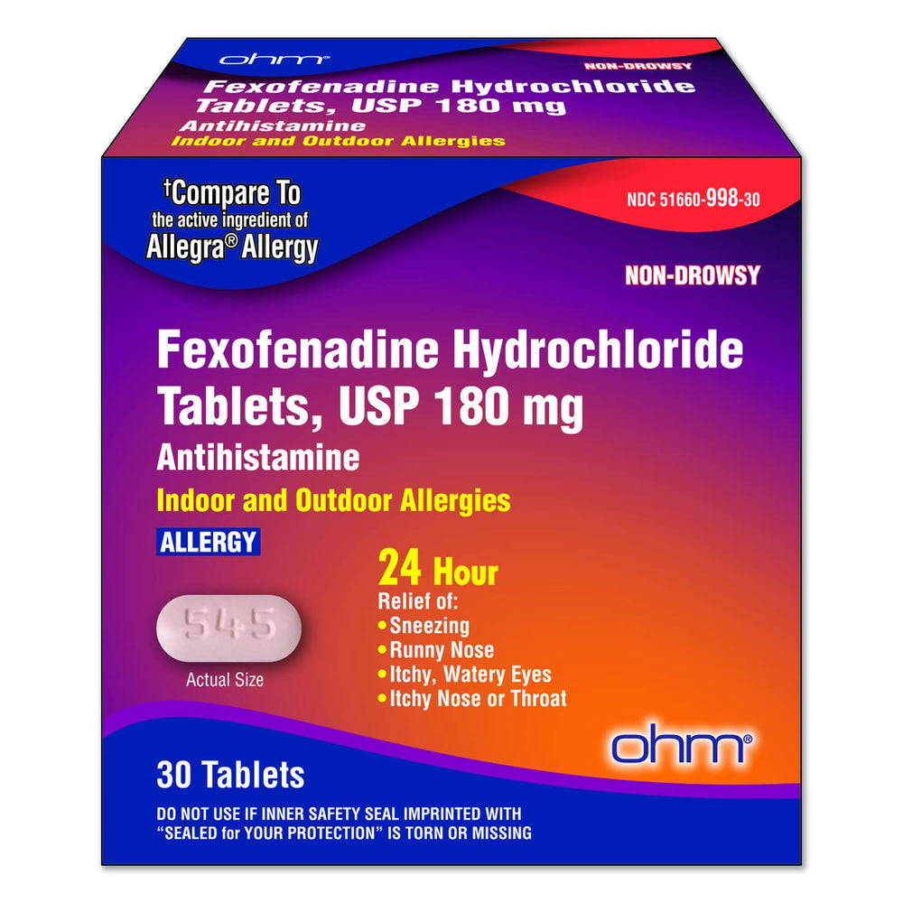 Ohm fexofenadine 180mg tablet daily-use close-up emphasizes non-drowsy formula.