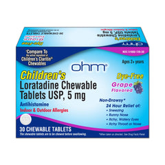 Ohm grape-flavored chewable tablets bottle offers kid-friendly allergy relief.