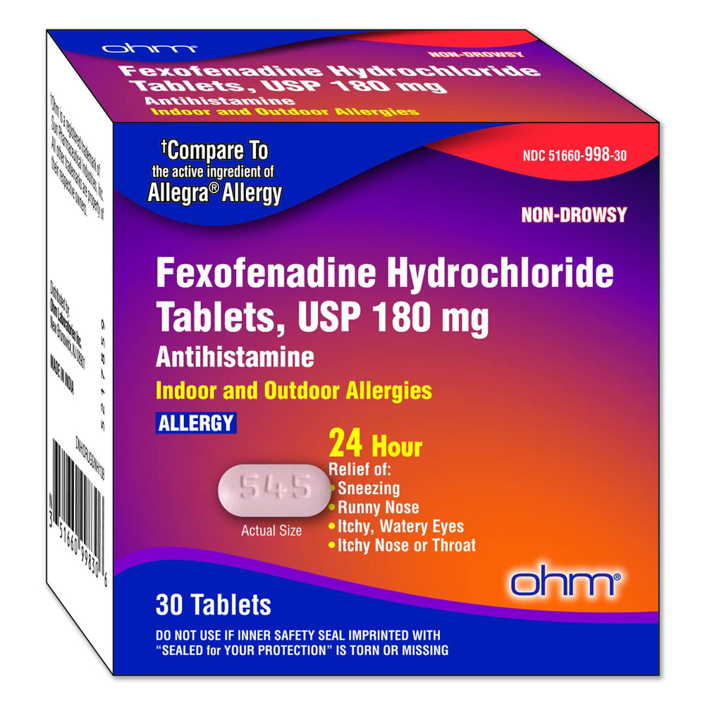 Ohm non-drowsy fexofenadine tablets packshot for all-day allergy relief.