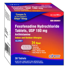 Ohm non-drowsy fexofenadine tablets packshot for all-day allergy relief.