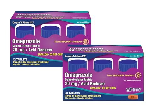 Ohm Omeprazole 20mg tablets in bottle front view for daily heartburn support.