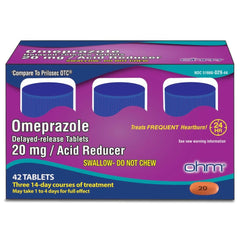 Ohm Omeprazole 20mg tablets packaging signals reliable 24-hour heartburn relief option.