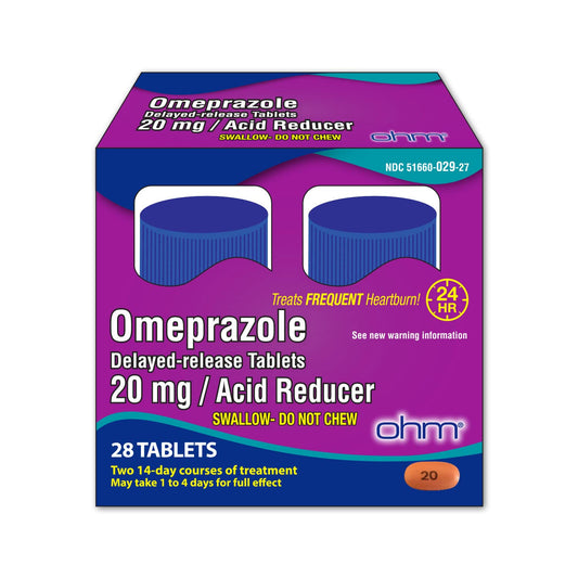 Ohm Omeprazole-delayed-release-tablets-20mg on blister pack supports daily acid management.