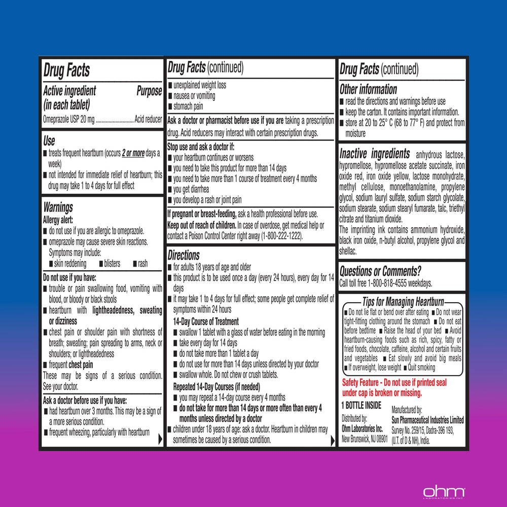 Ohm Omeprazole tablets swallow whole for sustained indigestion relief.