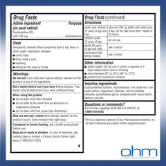 Ohm tablet closeup foil packaging highlights convenient OTC allergy medicine.