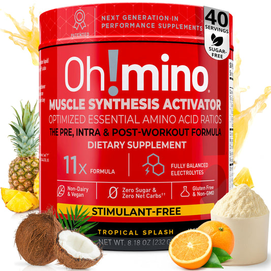 Oh!mino Tropical Splash essential amino acids supplement bottle label
