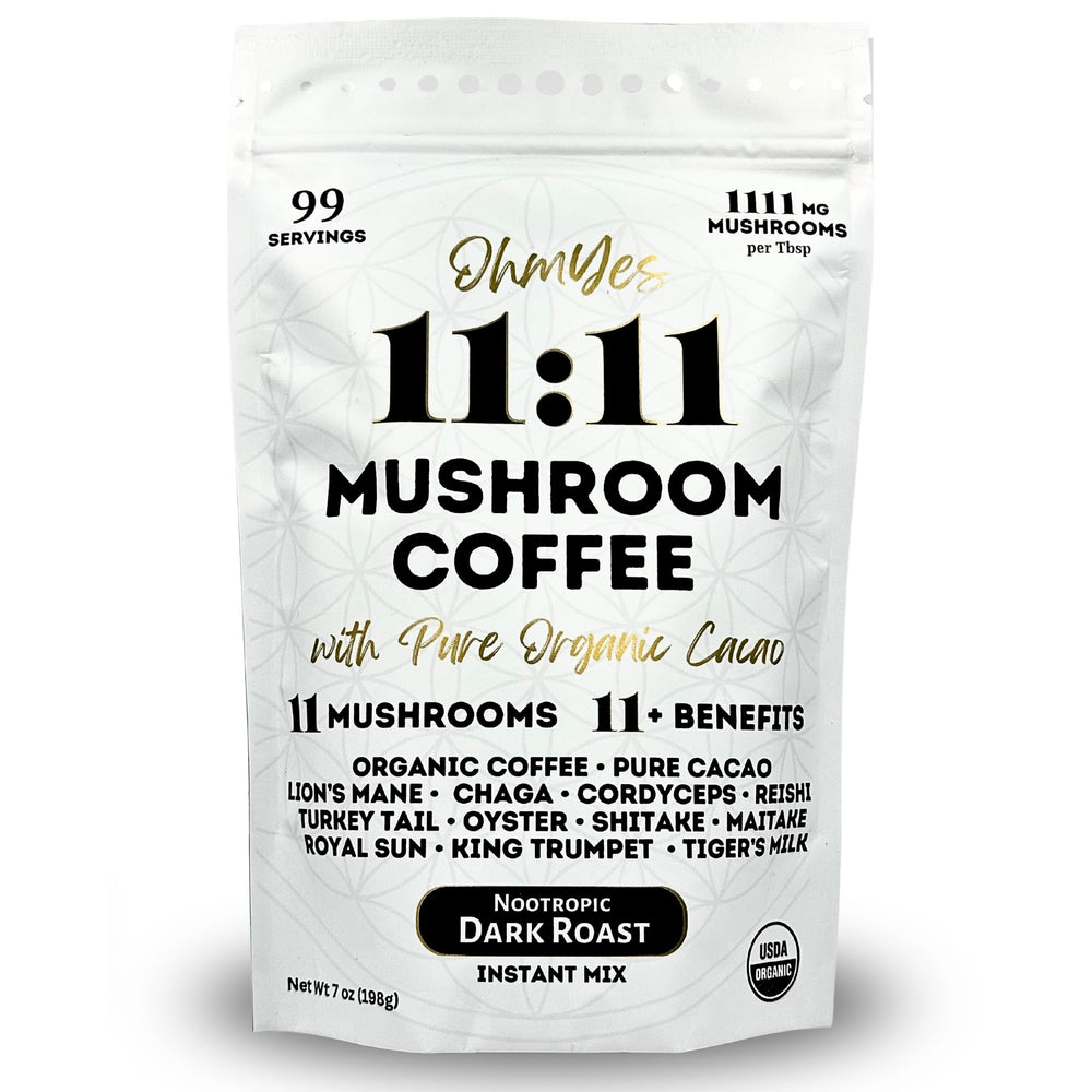 OhmYes 1111 mushroom coffee cacao bag showing organic blend for daily energy.