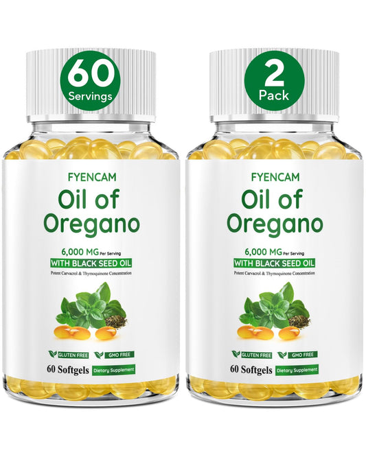 Front view of Oil of Oregano with Black Seed Oil capsules showing 6000mg per serving
