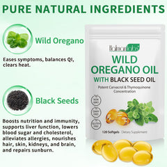 Back label showing ingredients and directions on Oil of Oregano Softgels bottle