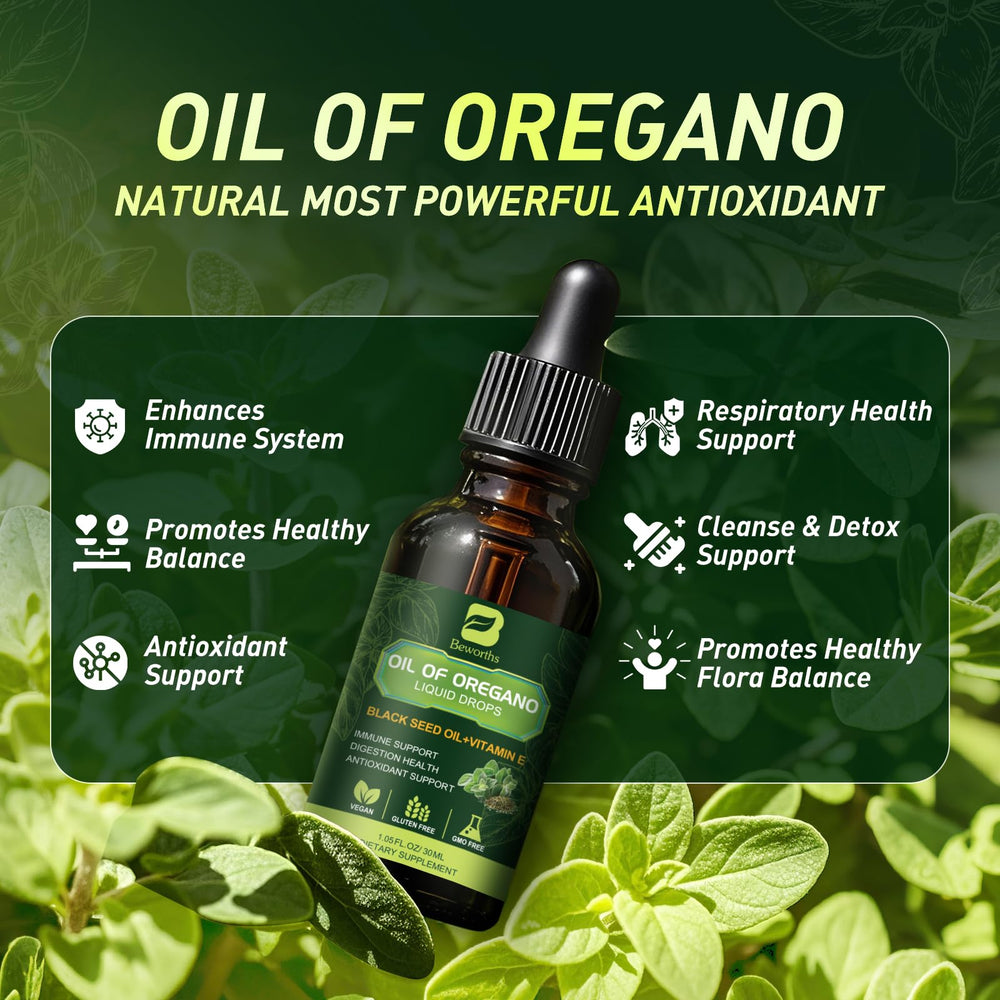 Oil of oregano with black seed oil and vitamin E ingredients