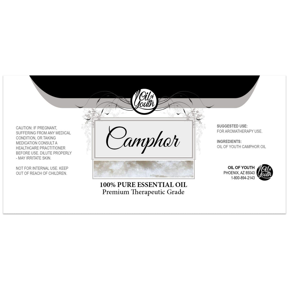 Close-up of camphor essential oil bottle label