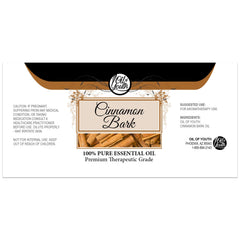 Close-up of Cinnamon Bark Essential Oil bottle label