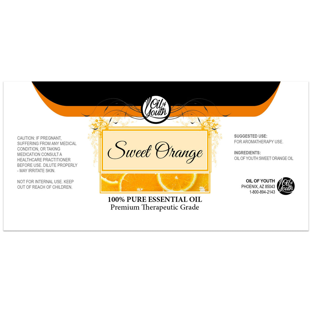 Sweet orange essential oil 16oz bottle with label close-up