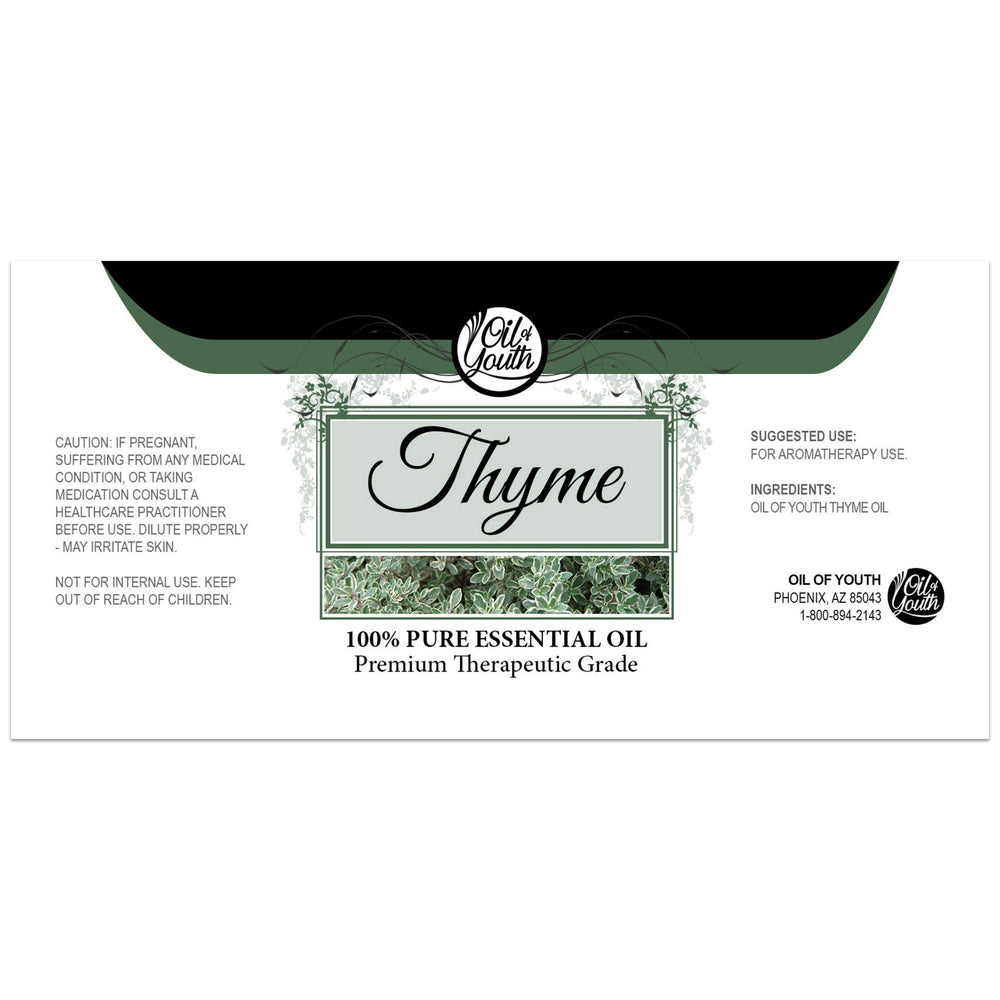 Front label of Oil of Youth Thyme Essential Oil 16oz